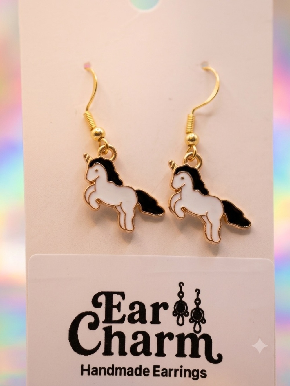New Handmade Unicorn Gold Enamel Dangle Earrings - White & Black